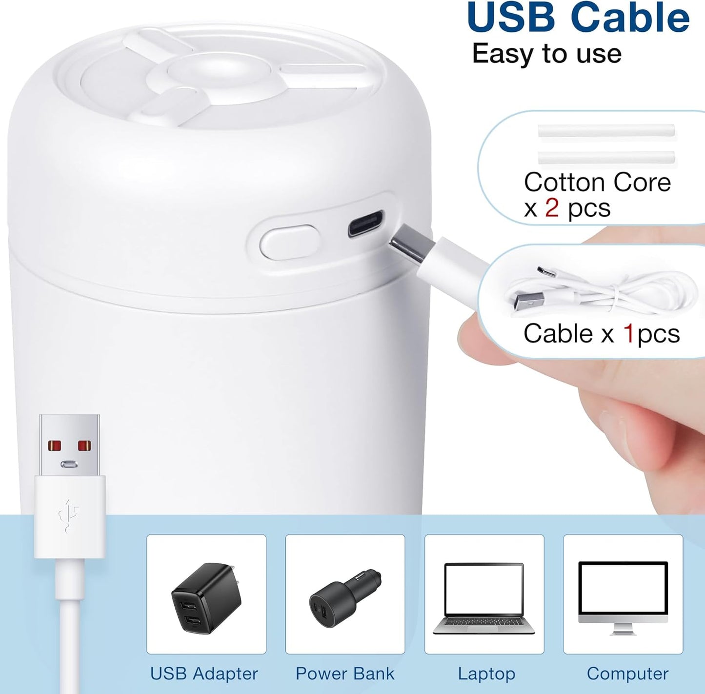 Portable Mini Humidifier, 300ml USB Cool Mist Small Humidifier with Colorful Lights. Perfect for Bedroom, Office, Plants, travel & Car (White)