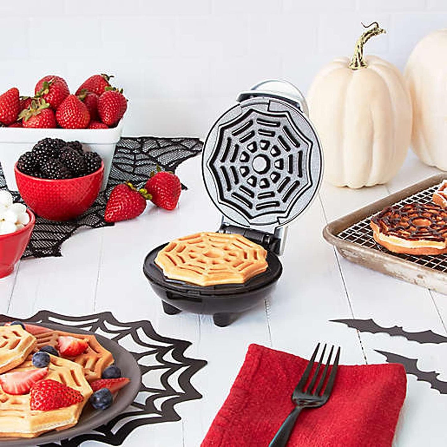 Dash Spiderweb Mini Waffle Maker Halloween Produces Waffles! Easy to Clean & Non-Stick Surfaces! Make Your Own Tasty Homemade Halloween Treats! white, 6.4inches L x 5inches W x 2.8inches H