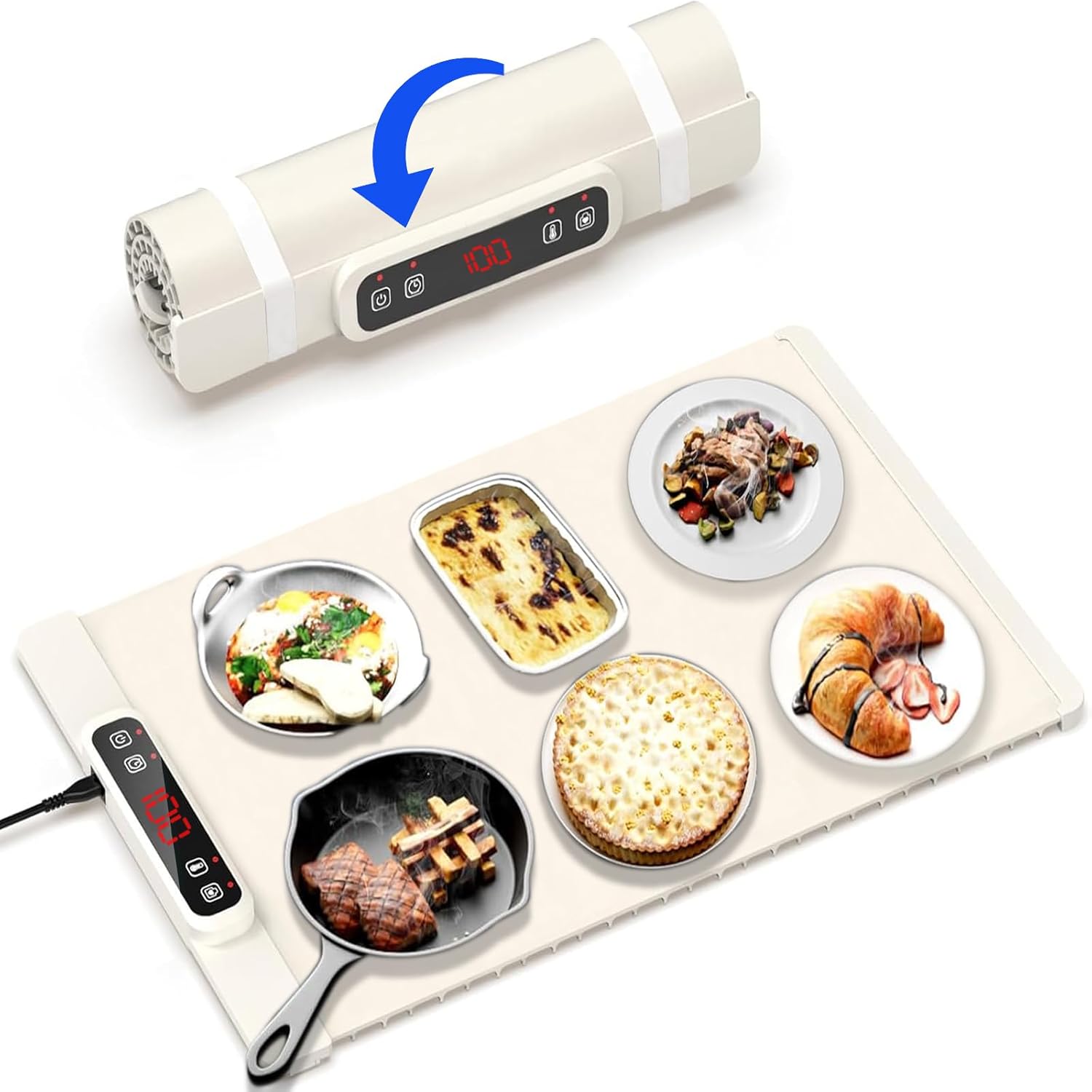 Food Warming Mat, Electric Warming Tray with Child Lock, Premium-Grade Silicone Mat, Heating Fastly in 10s, Portable Design for Home and Kitchen (Beige)