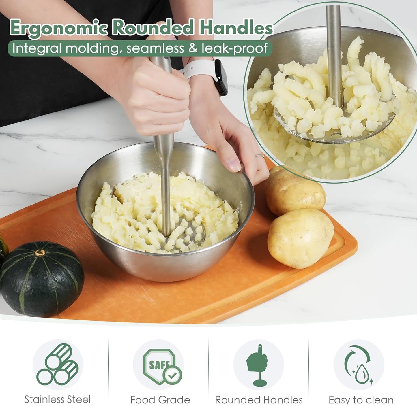 Stainless Steel Potato Masher - Heavy Duty Mashed Potato Maker, Avocado, Sweet Potato, Vegetable, Fruit Mash Tool