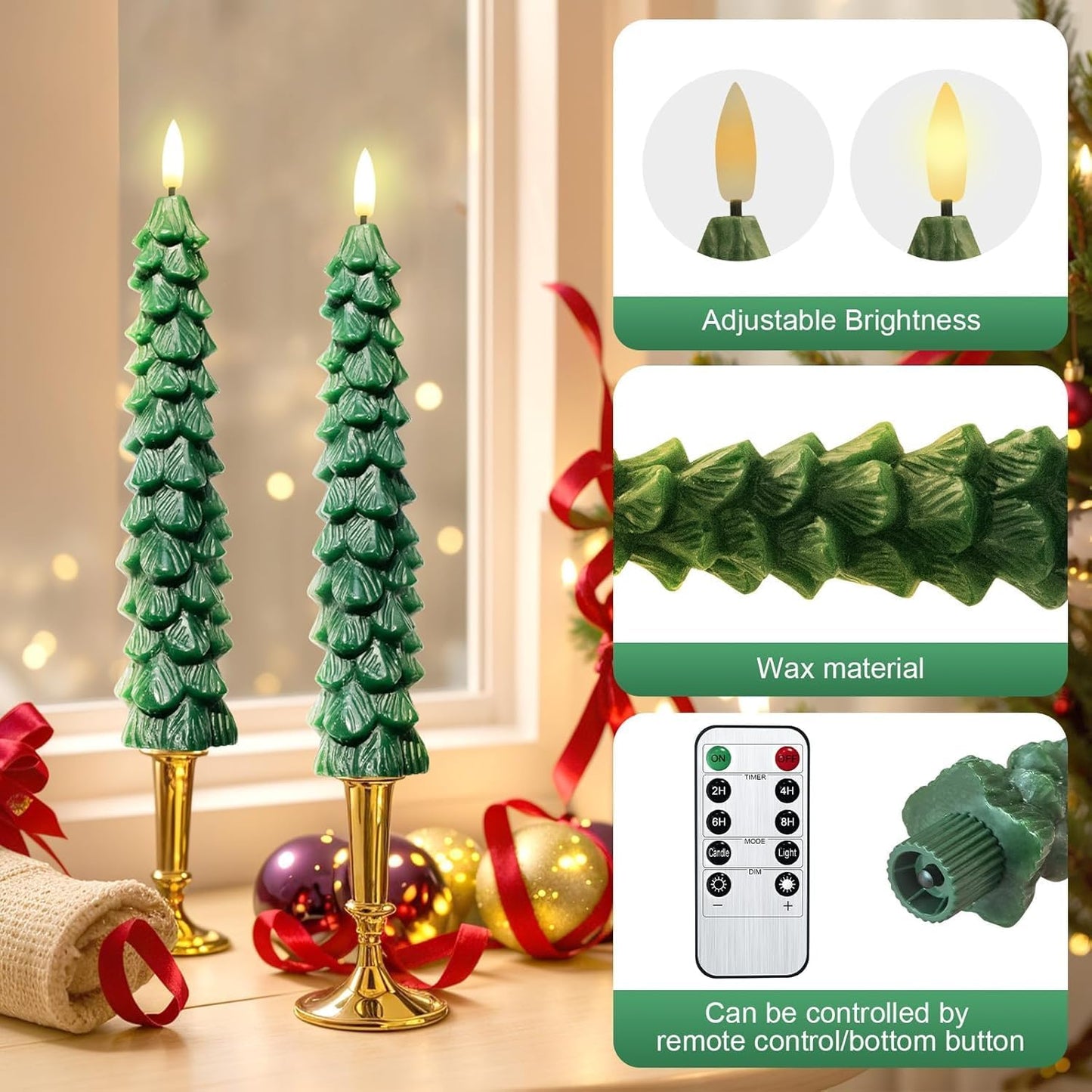 4PCS Christmas Tree Candles, 9.7 Inch Flameless Taper Candles with Remote and Timer, LED Battery Operated Taper Candlesticks with 3D Flickering for Christmas Home Decoration.