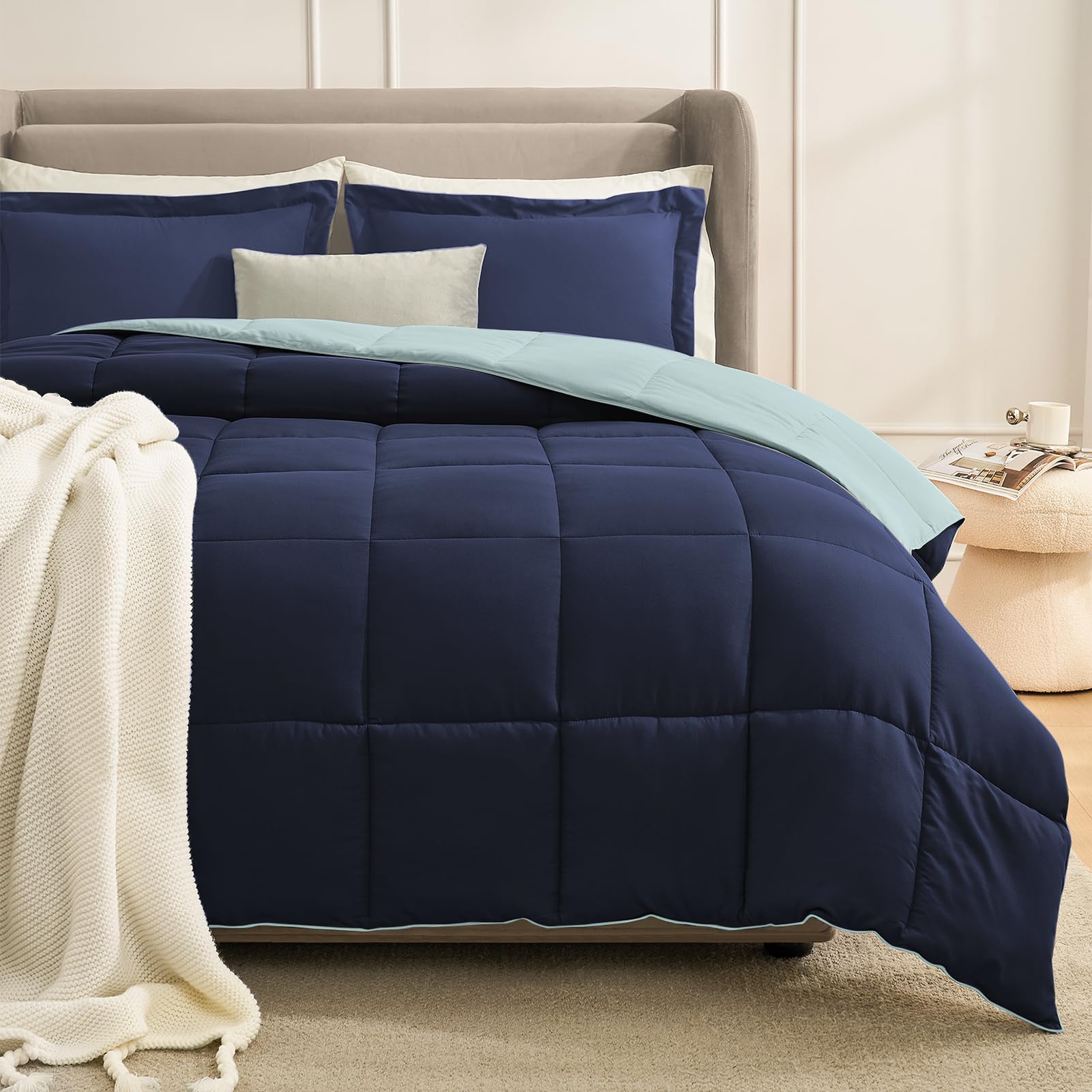 Homelike Moment Queen Comforter Set Grey, Comforters Queen Size Set, Soft Lightweight Down Alternative Bed Comforter Full Size Reversible All Season 3 Pieces Bedding Sets Grey/Light Gray