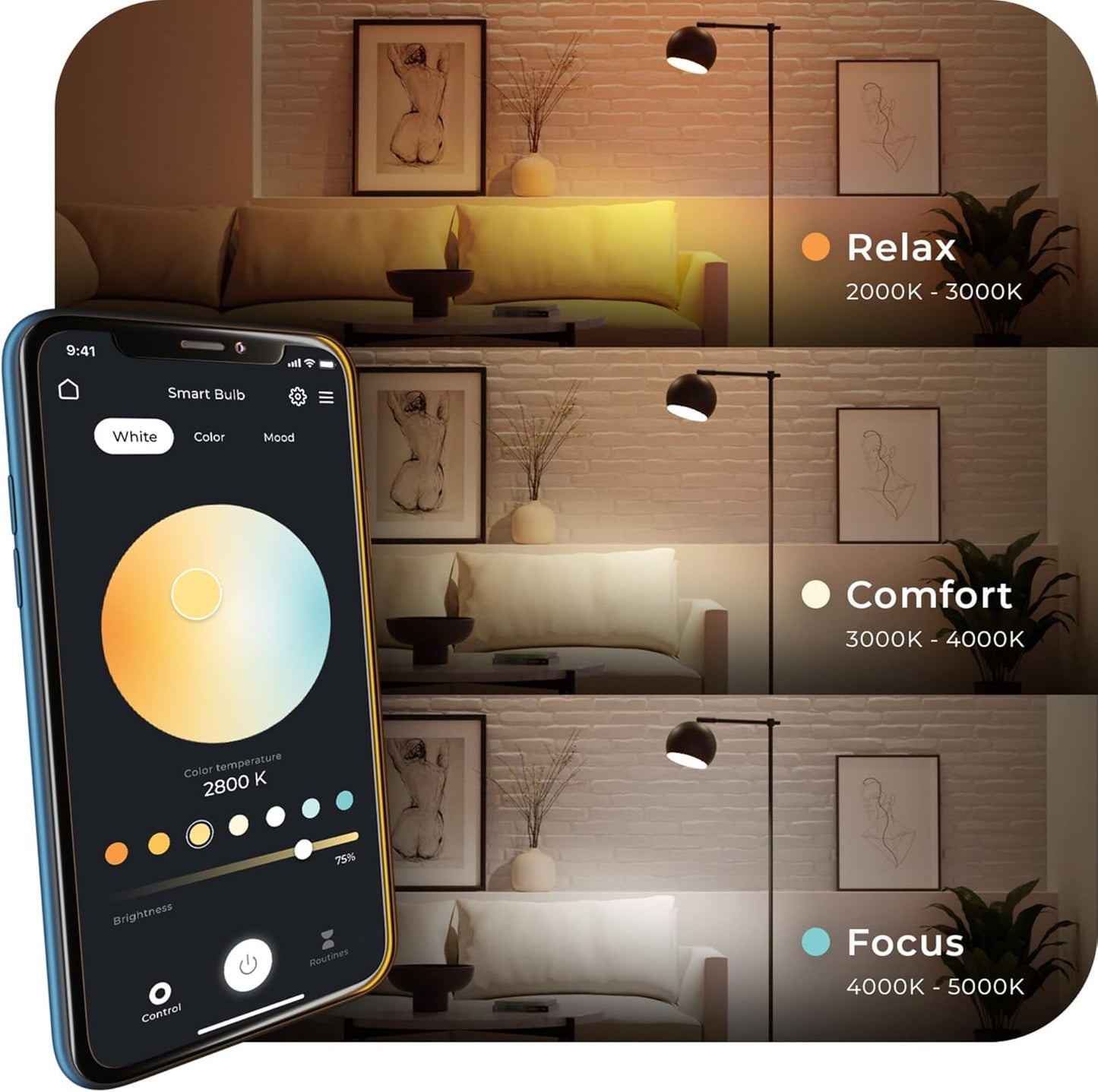 GLOBE Electric Wi-Fi Smart 10 Watt (60W Equivalent) Multicolor Changing RGB Tunable White Frosted LED Light Bulb, No Hub Required, Voice Activated, 2000K - 5000K, A19 Shape, E26 Base,34212