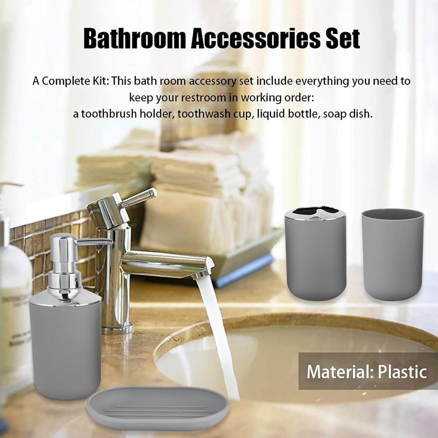 Bathroom Accessories Set 4 PCS, Grey Bathroom Accessories Includes Toothbrush Holder, Toothbrush Cup, Soap Dispenser & Dish, Soap and Toothbrush Holder Set for Bathroom Decor