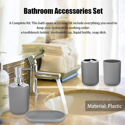 Bathroom Accessories Set 4 PCS, Grey Bathroom Accessories Includes Toothbrush Holder, Toothbrush Cup, Soap Dispenser & Dish, Soap and Toothbrush Holder Set for Bathroom Decor