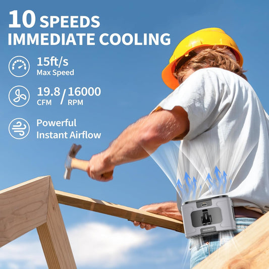 10000mAh Portable Waist Fan, Personal Fan Clip on with Rechargeable Battery operated, Dual Motors Upto 20H Cooling,10 Speeds,16000RPM Hands-Free Belt Neck Fan for Outdoor Jobsite Camping Travel