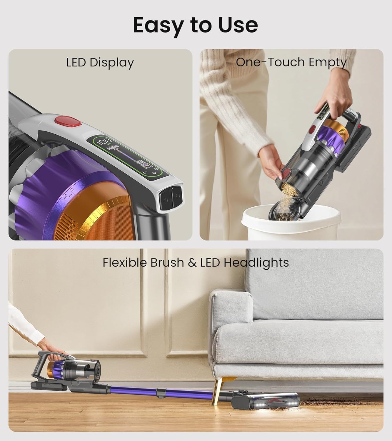 NADALY Cordless Vacuum Cleaner, 650W 55KPA 70Mins Vacuum Cleaners for Home, Anti-Tangle, Self-Standing Stick Vacuum Cordless Rechargeable, Lightweight Vacuum for Hardwood Floors/Pet Hair/Carpet