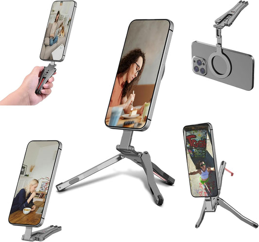 Magnetic Pocket Phone Tripod with Hook Compatible with Magsafe for iPhone 16/15/14/13/12 Pro Max Series,Foldable Mini Magnet Cell Phone Tripod Mount Handle Smartphone Desk Stand Travel Phone Holder