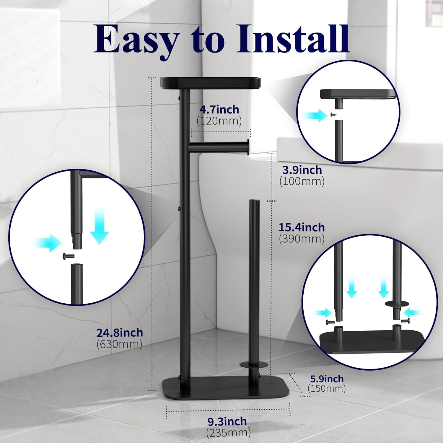 Kitsure Toilet Paper Holder Free Standing – Rustproof Metal Toilet Paper Stand for 4 Rolls with Anti-Slip Base and Shelf for Phone & Small Items, Bathroom Organizers and Storage, Black