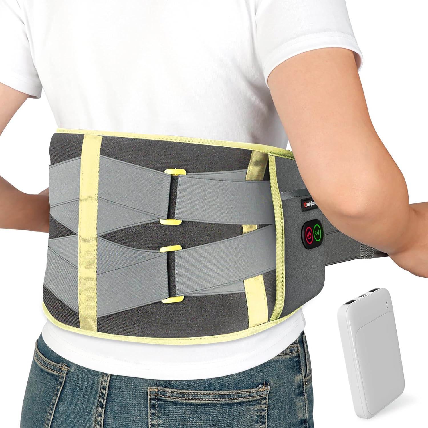 Comfytemp Cordless Heating Pad with Massager for Back Pain Relief, Portable Lower Back Massager, Birthday Gifts for Dad Mom Men Women, 3 Heat Auto-Off 58" Grey Yellow