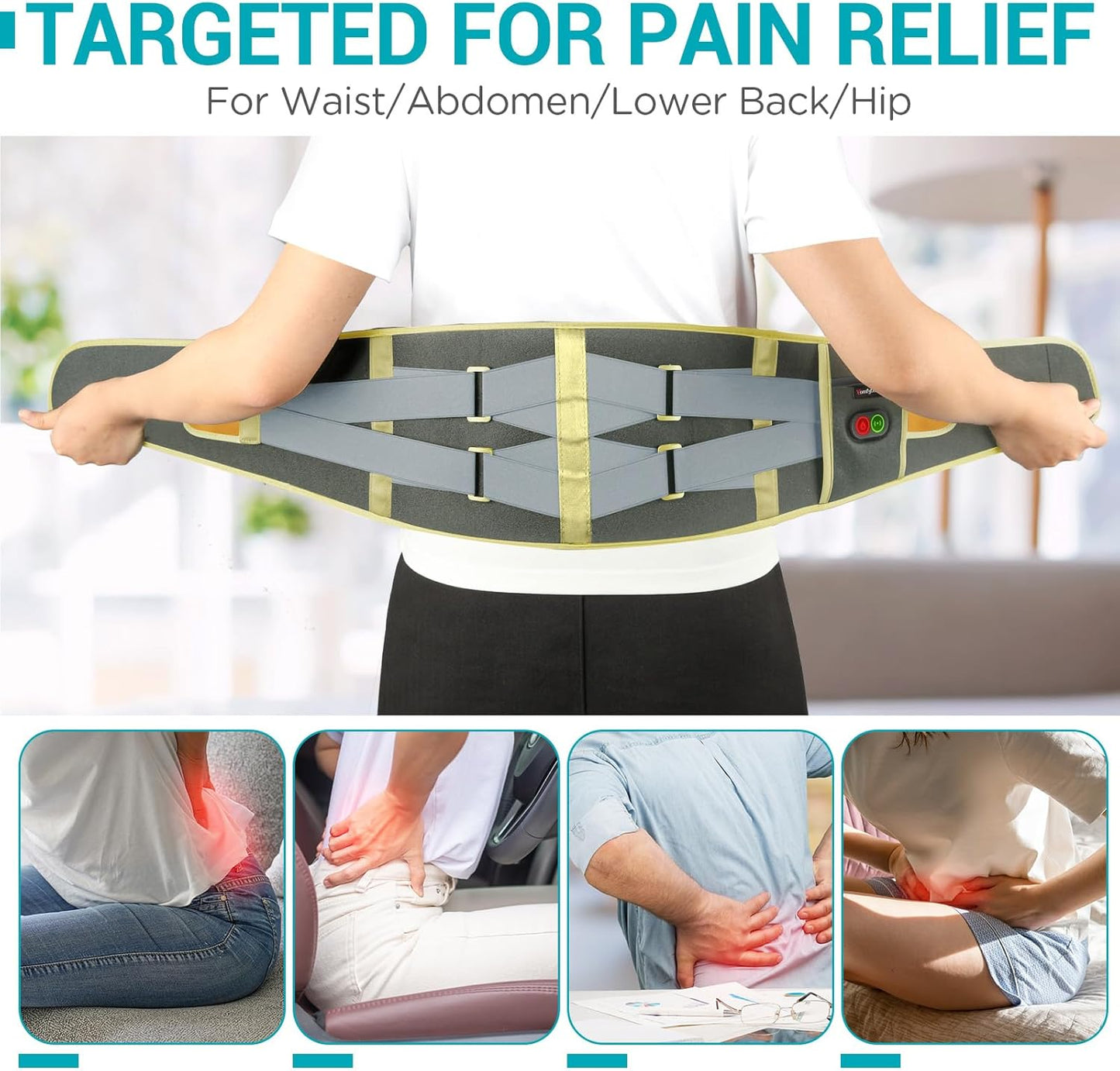 Comfytemp Cordless Heating Pad with Massager for Back Pain Relief, Portable Lower Back Massager, Birthday Gifts for Dad Mom Men Women, 3 Heat Auto-Off 58" Grey Yellow