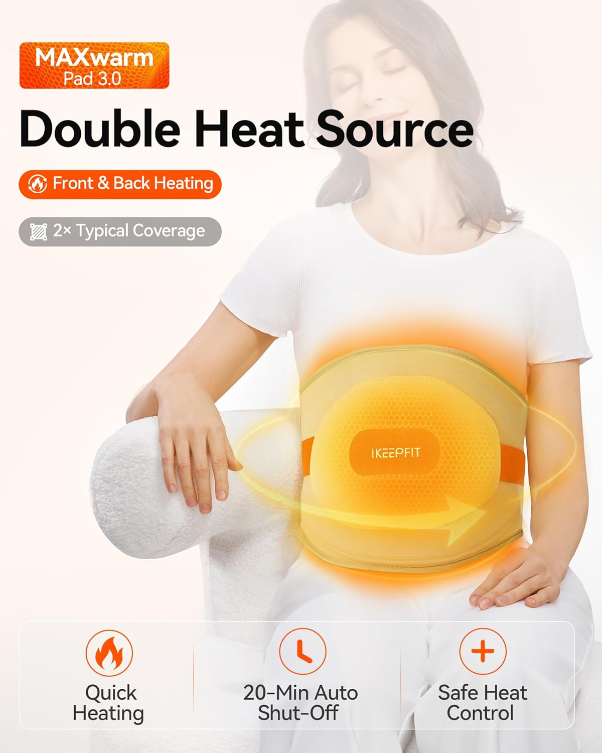 IKEEPFIT® Heating Pad for Back Pain Relief: MAXwarm® 3.0, Portable Cordless Heat Pad with Massager for Period Cramps, 8000mAh Large Battery, FSA Eligible HSA, Christmas Gift for Women Men 90-310 lbs