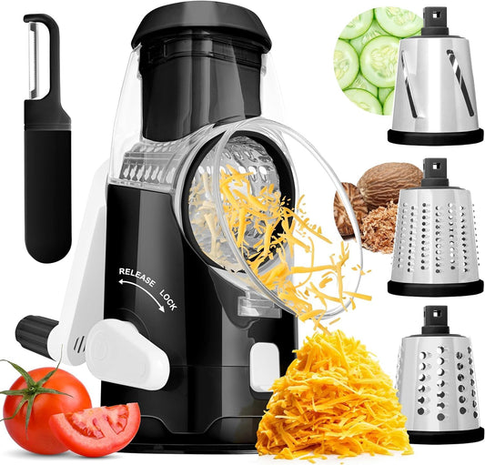 BASSWOOD Rotary Cheese Grater with Handle - Mandoline Slicer with 3 Stainless Steel Drum Blades-Vegetable Slicer Walnuts Grinder Cheese Shredder Round Mandoline with Peeler (Black)
