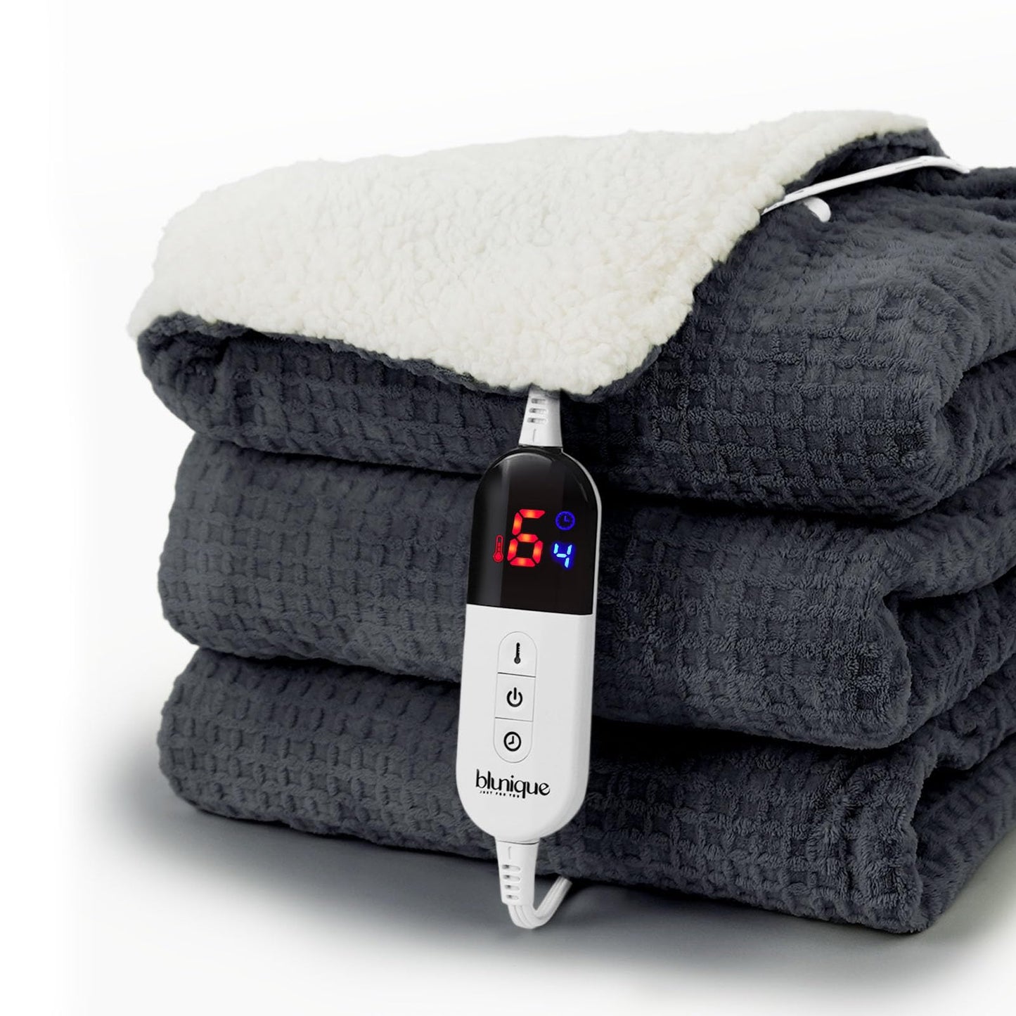 Heated Blanket Electric Throw Waffle, 50x60 Inches Sherpa Fleece Fast Heating Blanket 6 Heating Levels & 4 Hours Auto Off ETL Certification, Grey Throw