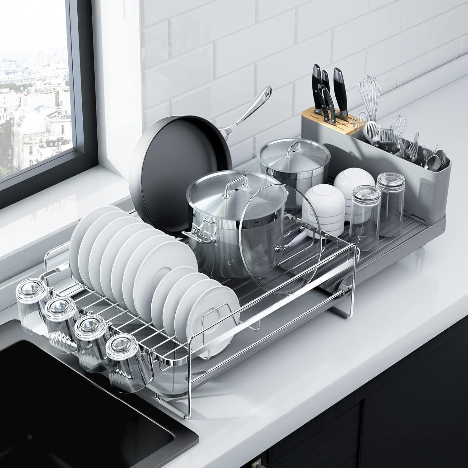 Kitsure Large Dish Drying Rack - Extendable Dish Rack, Multifunctional Dish Rack for Kitchen Counter, Anti-Rust Dish Drainers with Cutlery & Cup Holders 19.2"-26.7" L x 12.9" W, Black