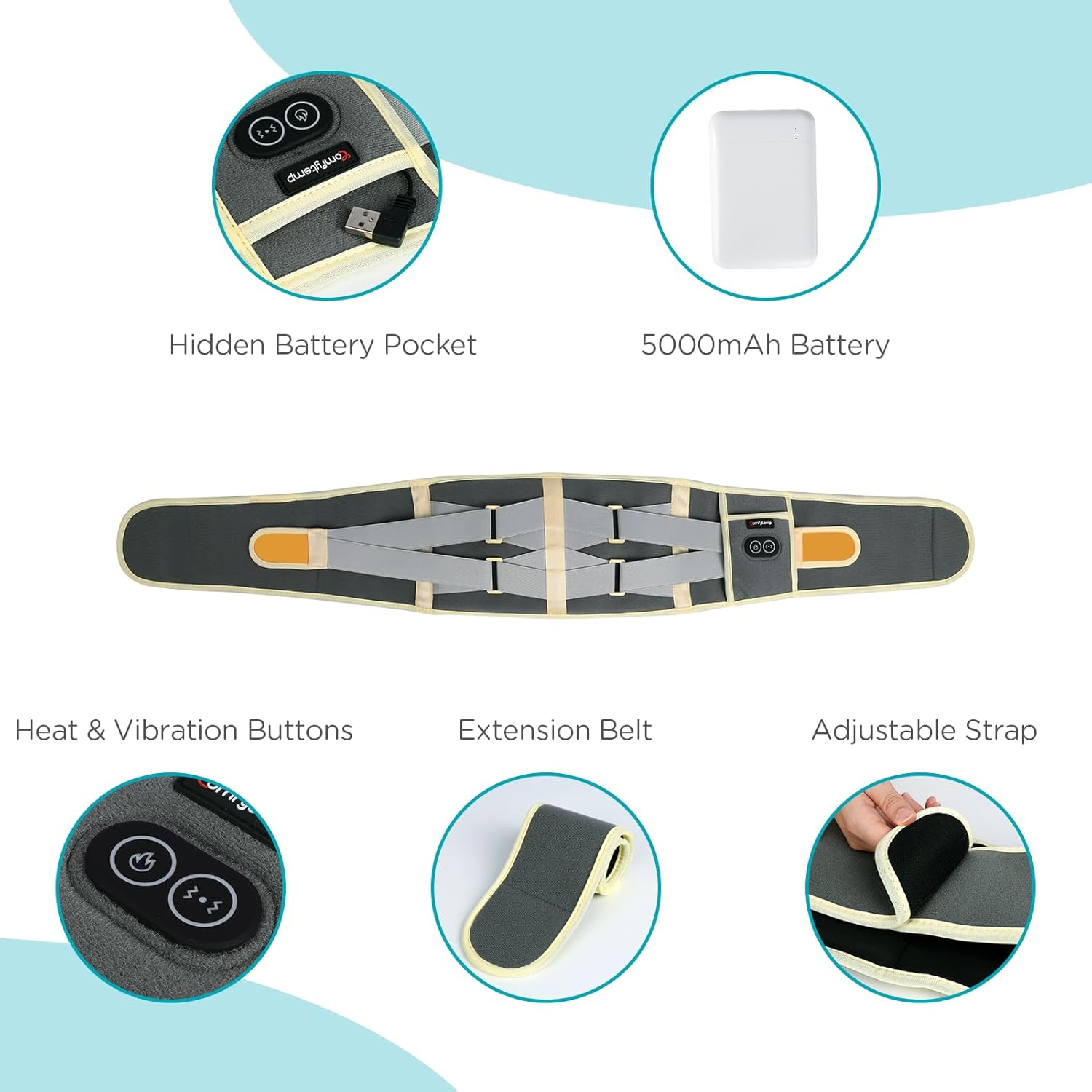 Comfytemp Cordless Heating Pad with Massager for Back Pain Relief, Portable Lower Back Massager, Birthday Gifts for Dad Mom Men Women, 3 Heat Auto-Off 58" Grey Yellow