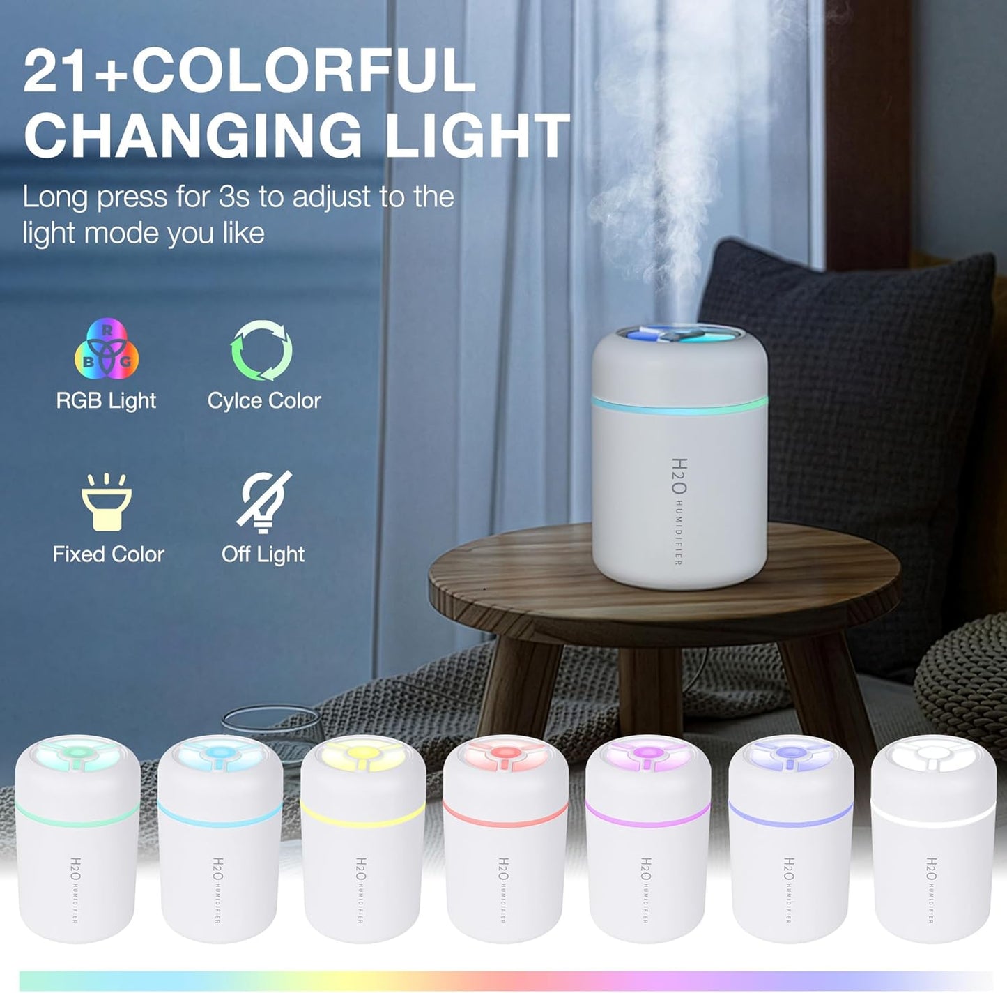 Portable Mini Humidifier, 300ml USB Cool Mist Small Humidifier with Colorful Lights. Perfect for Bedroom, Office, Plants, travel & Car (White)