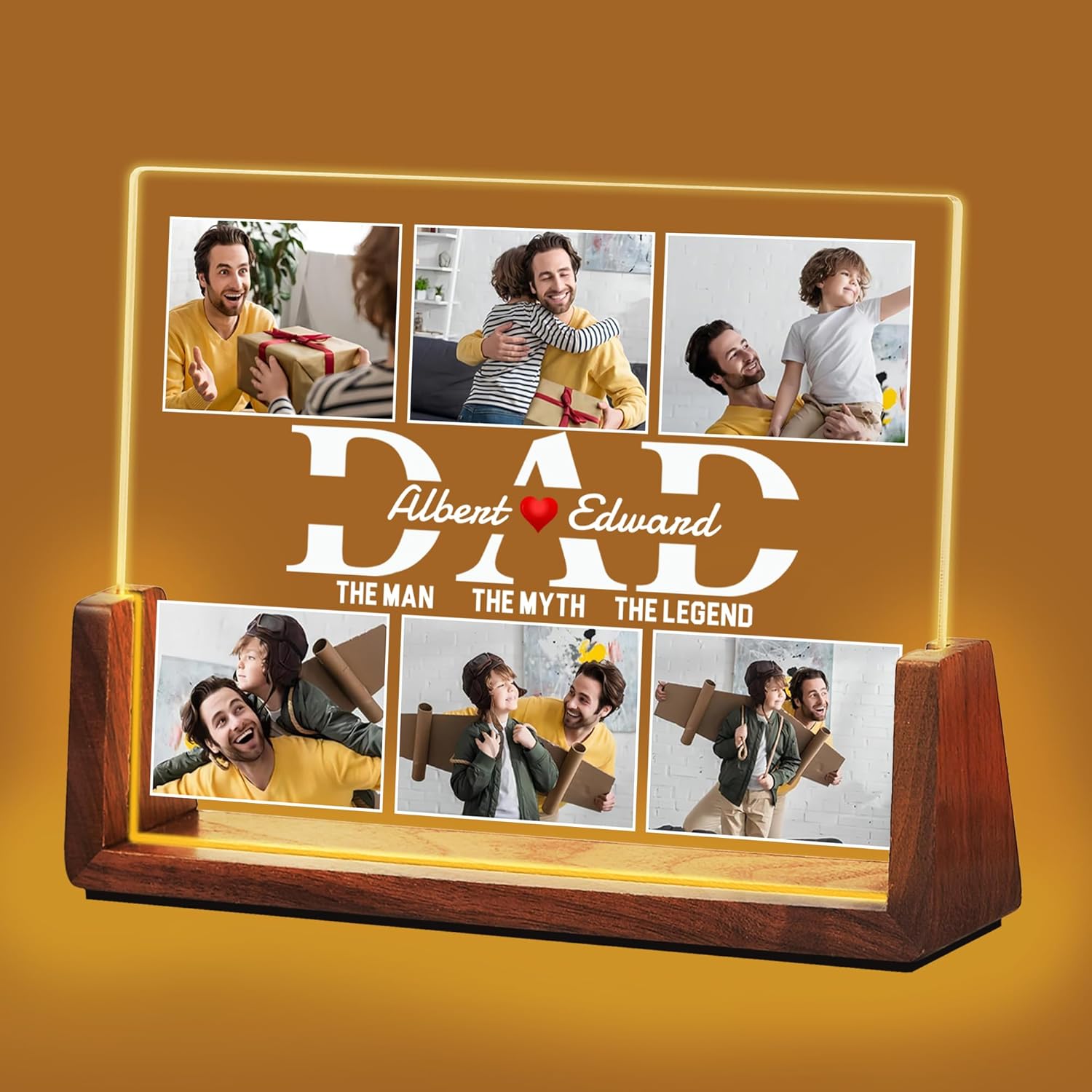 Fathers Day Personalized Gifts for Dad from Daughter Son Kids, Customized Acrylic Plaque LED Walnut Frame with Photos Night Light, Christmas Birthday Gifts for Dad Father PAPA Husband