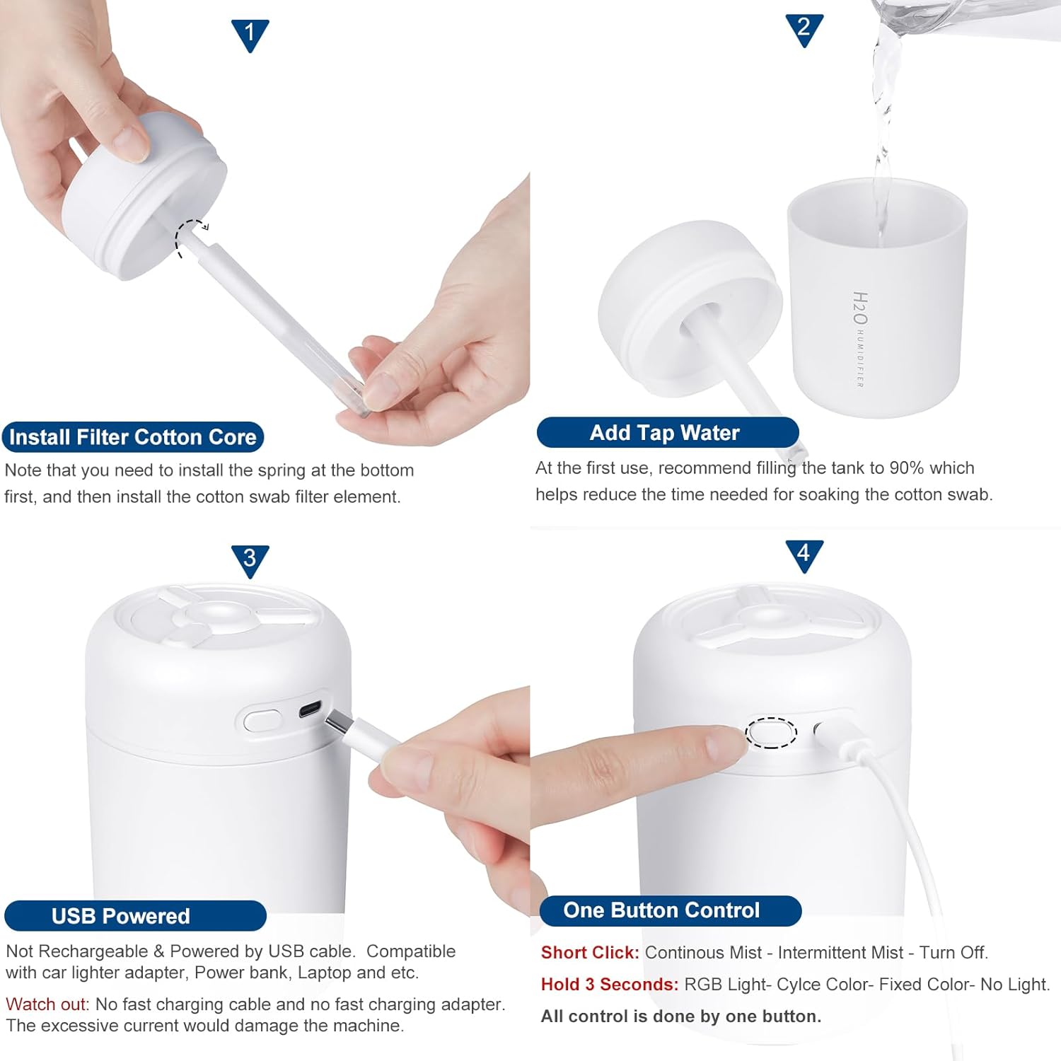 Portable Mini Humidifier, 300ml USB Cool Mist Small Humidifier with Colorful Lights. Perfect for Bedroom, Office, Plants, travel & Car (White)