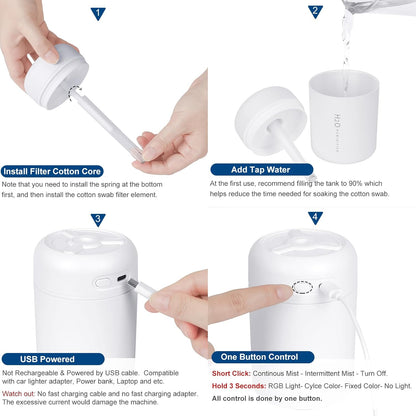 Portable Mini Humidifier, 300ml USB Cool Mist Small Humidifier with Colorful Lights. Perfect for Bedroom, Office, Plants, travel & Car (White)