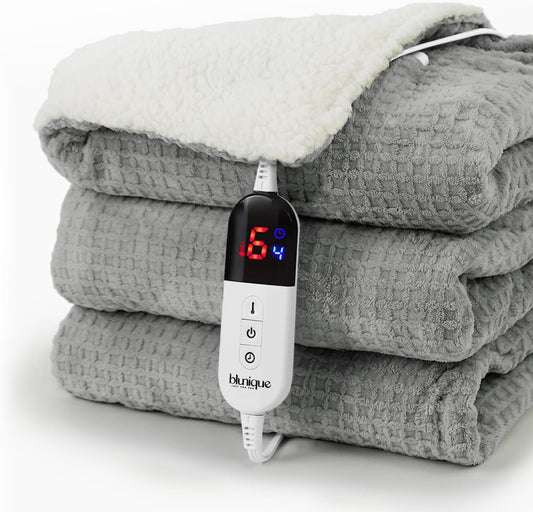 Heated Blanket Electric Throw Waffle, 50x60 Inches Sherpa Fleece Fast Heating Blanket 6 Heating Levels & 4 Hours Auto Off ETL Certification, Grey Throw