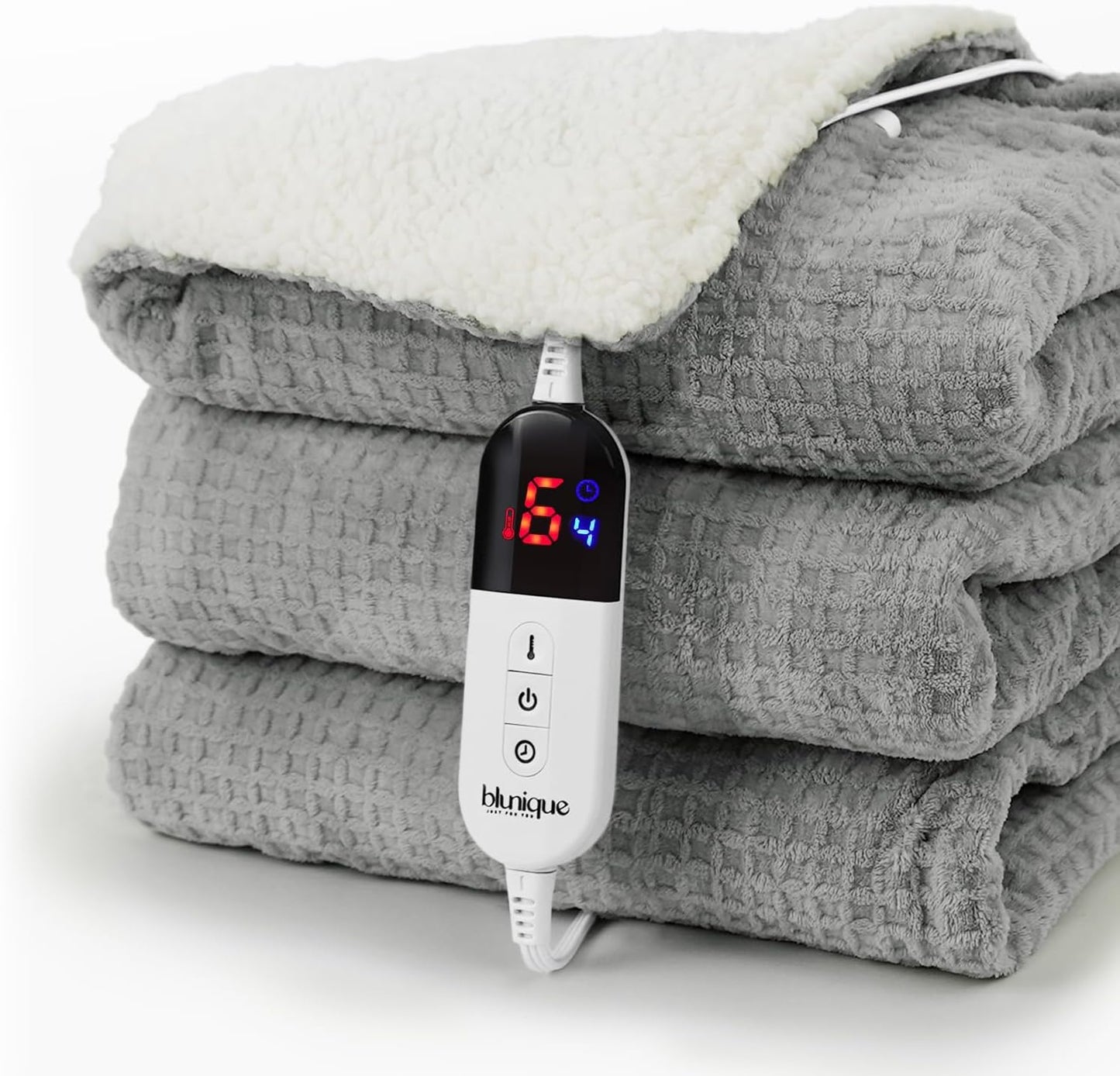 Heated Blanket Electric Throw Waffle, 50x60 Inches Sherpa Fleece Fast Heating Blanket 6 Heating Levels & 4 Hours Auto Off ETL Certification, Grey Throw