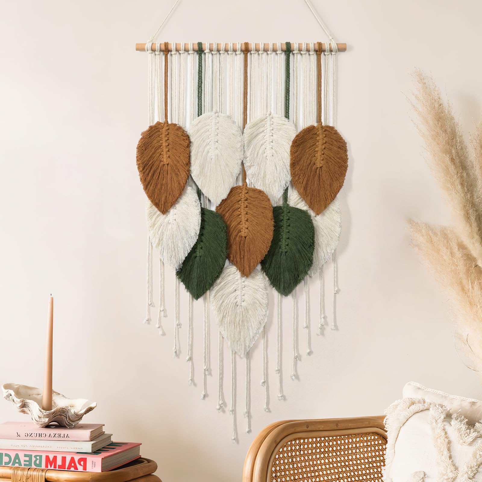 KHOYIME Large Macrame Wall Hanging Boho Woven Tapestry, Chic Home Decor Modern Bohemian Handmade Leaf Feather Wall Art Decorations for Apartment Dorm Living Room Bedroom Nursery Backdrop 39"W X 29.5"L