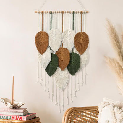 KHOYIME Large Macrame Wall Hanging Boho Woven Tapestry, Chic Home Decor Modern Bohemian Handmade Leaf Feather Wall Art Decorations for Apartment Dorm Living Room Bedroom Nursery Backdrop 39"W X 29.5"L
