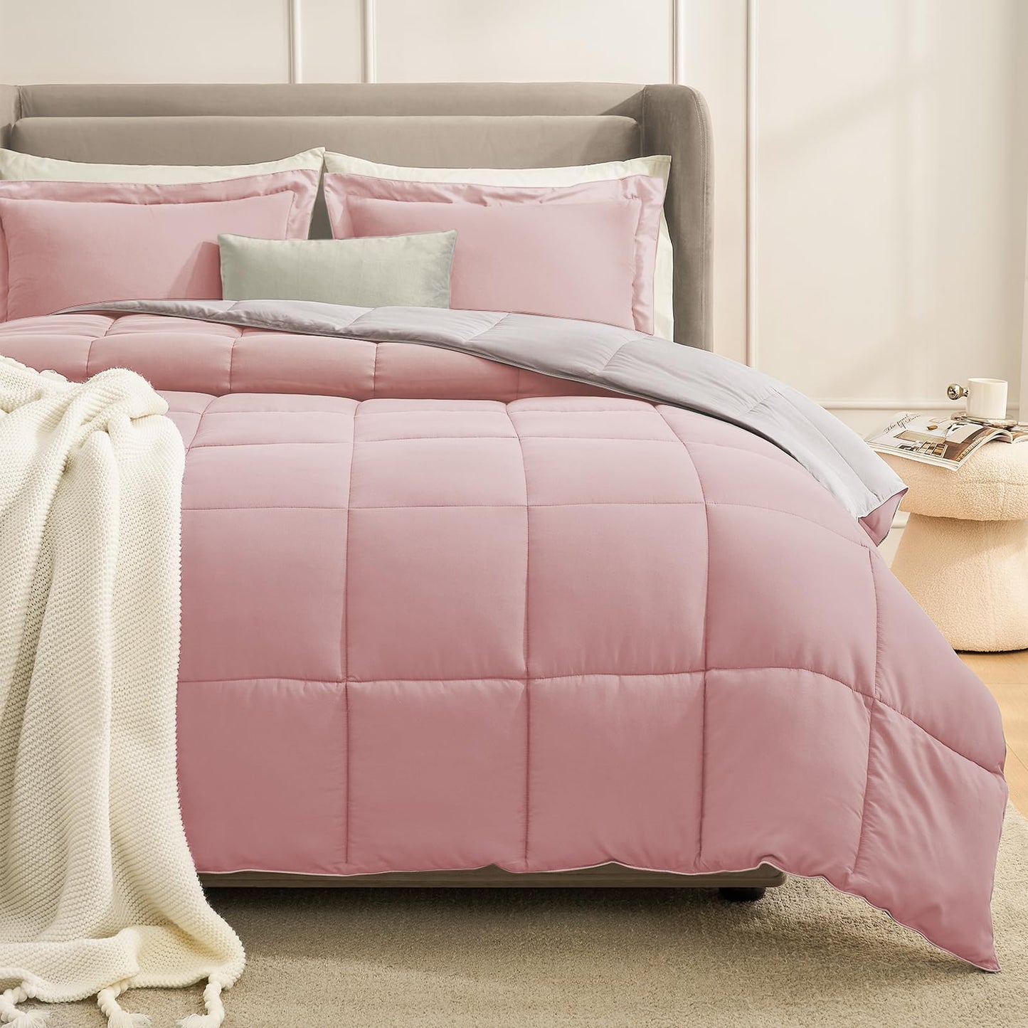 Homelike Moment Queen Comforter Set Grey, Comforters Queen Size Set, Soft Lightweight Down Alternative Bed Comforter Full Size Reversible All Season 3 Pieces Bedding Sets Grey/Light Gray