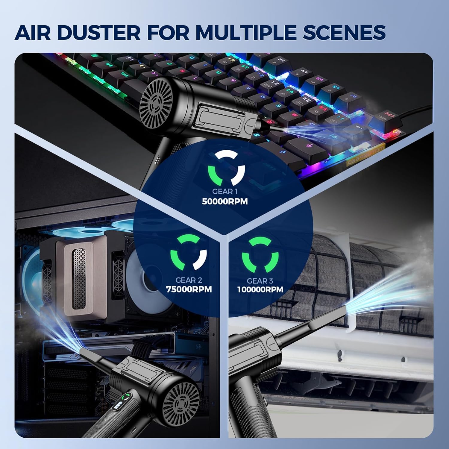Compressed Air Duster: 100000RPM Electric Air Duster with LED Light Mini Air Blower Rechargeable Cordless Keyboard Cleaning Jet Dry Blower - Car, PC and Home Cleaning Kit Replaces Compressed Air Can