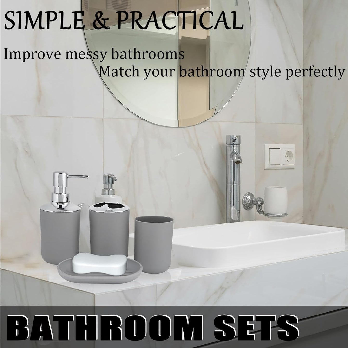 Bathroom Accessories Set 4 PCS, Grey Bathroom Accessories Includes Toothbrush Holder, Toothbrush Cup, Soap Dispenser & Dish, Soap and Toothbrush Holder Set for Bathroom Decor