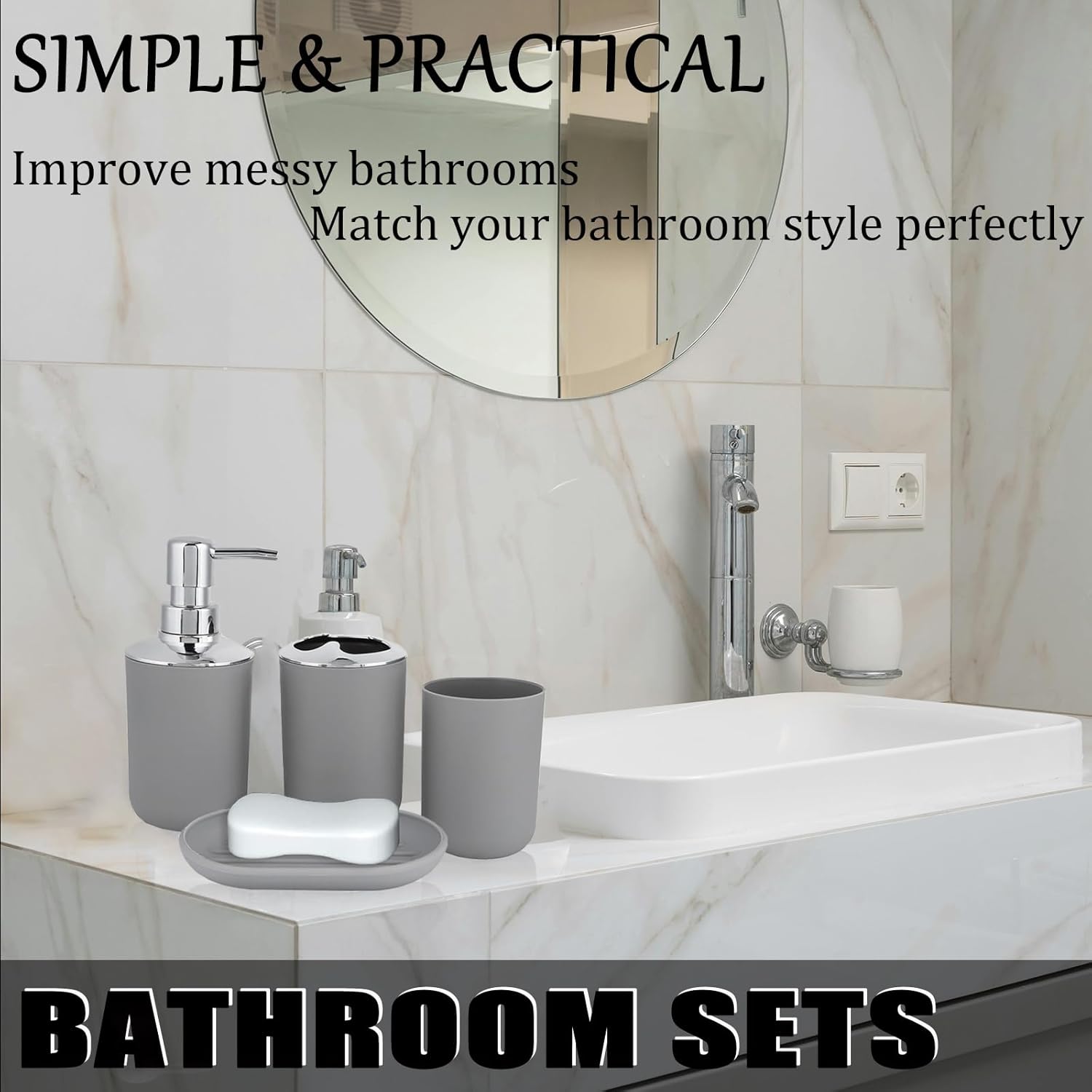 Bathroom Accessories Set 4 PCS, Grey Bathroom Accessories Includes Toothbrush Holder, Toothbrush Cup, Soap Dispenser & Dish, Soap and Toothbrush Holder Set for Bathroom Decor