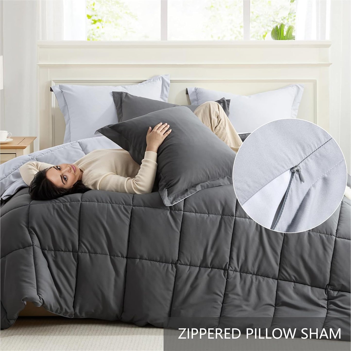 Homelike Moment Queen Comforter Set Grey, Comforters Queen Size Set, Soft Lightweight Down Alternative Bed Comforter Full Size Reversible All Season 3 Pieces Bedding Sets Grey/Light Gray