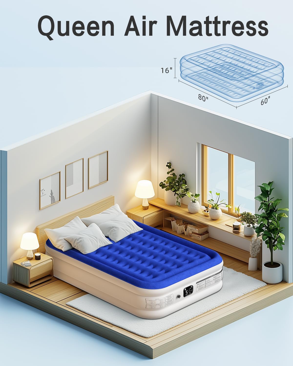 Queen Air Mattress with Built in Pump 16" Raised Blow Up Mattress Queen Size Comfort Air Bed, 3 Mins Fast Colchones Inflables Bed, Luxurious for Home/Guests,660 lbs Max