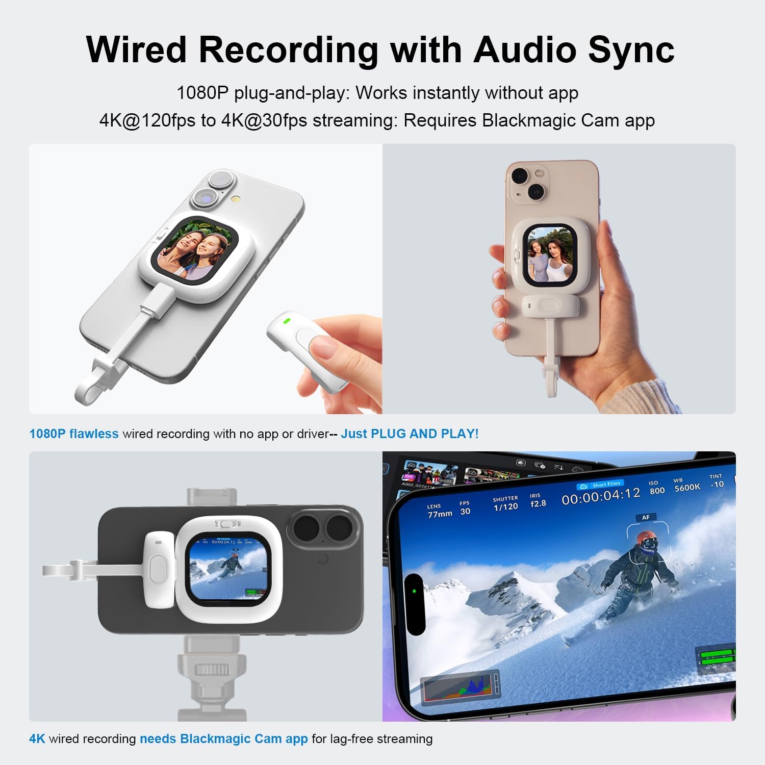 Vlogmate Mini Vlog Selfie Monitor Screen for iPhone, Wired Back Camera Monitor with Magnetic AMOLED Screen, Bluetooth Remote, Dual Cable Include for iPhone 16/15/14/13/12/11/SE/XR/XS/X/8/7/6/5