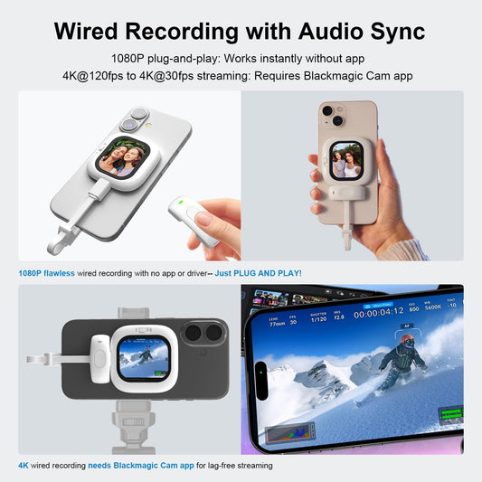Vlogmate Mini Vlog Selfie Monitor Screen for iPhone, Wired Back Camera Monitor with Magnetic AMOLED Screen, Bluetooth Remote, Dual Cable Include for iPhone 16/15/14/13/12/11/SE/XR/XS/X/8/7/6/5