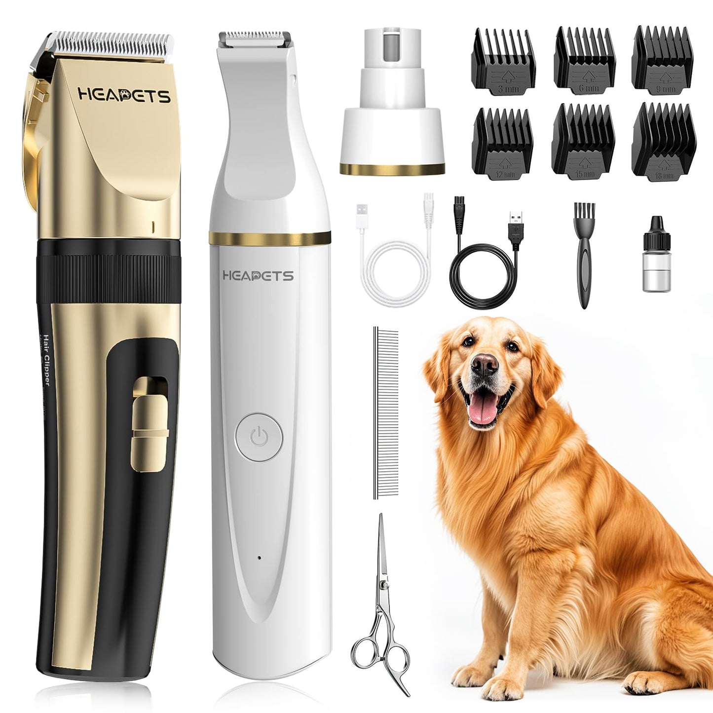 Dog Hair Clippers for Grooming Kit and Dog Paw Trimmer Nail Grinder for Grooming, Low Noise Rechargeable Cordless, Shaver Grooming Supplies for Pet Cats Dogs (Black, White)