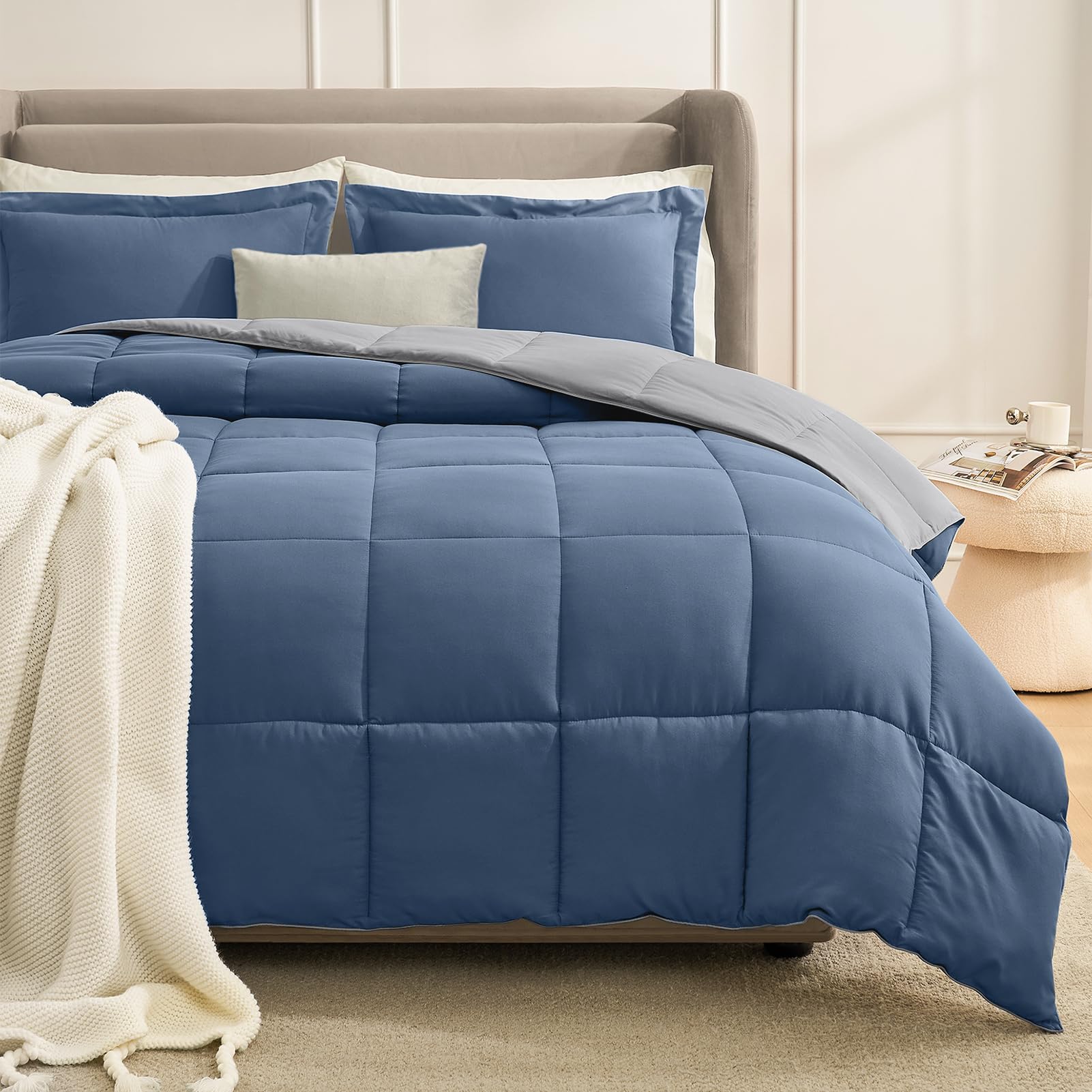 Homelike Moment Queen Comforter Set Grey, Comforters Queen Size Set, Soft Lightweight Down Alternative Bed Comforter Full Size Reversible All Season 3 Pieces Bedding Sets Grey/Light Gray