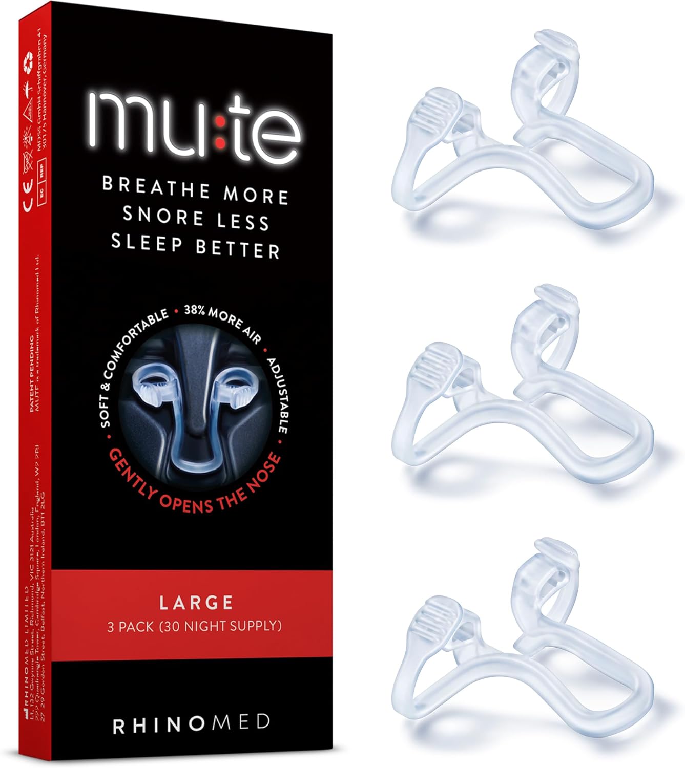 Mute Nasal Dilator for Snore Reduction - Anti-Snoring Aid Solution - Improve Airflow - Comfortable Nose Vents, Breathing Aids for Better Sleep - (Size Large, 3-Pk)