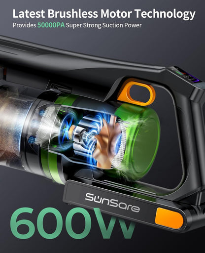 SunSare Cordless Vacuum Cleaner, 50KPa 600W 65Mins Vacuum Cleaner for Home, V-Anti-Tangle Stick Vacuum with Scented Tablet, Upgraded dust Emptying Cup, Vacuum Cordless for Pet Hair/Carpet/Floors