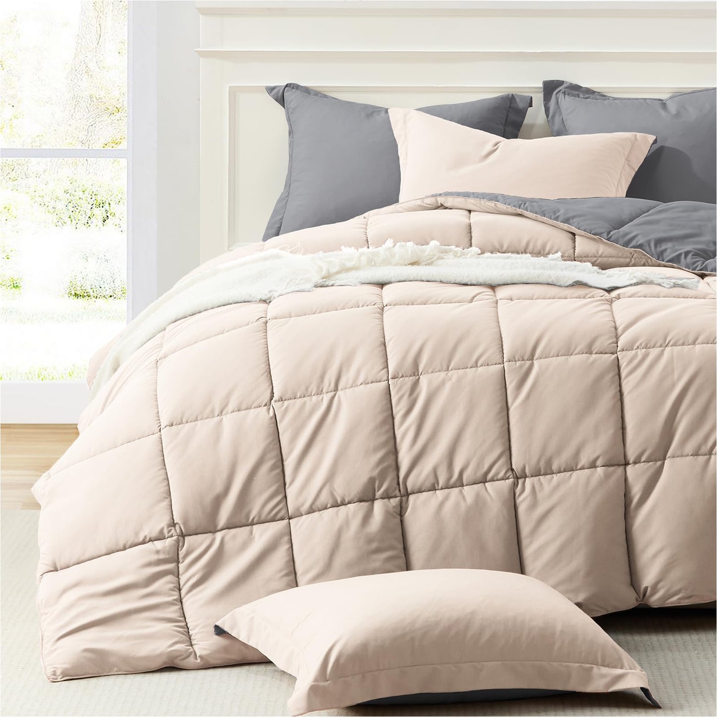 Homelike Moment Queen Comforter Set Grey, Comforters Queen Size Set, Soft Lightweight Down Alternative Bed Comforter Full Size Reversible All Season 3 Pieces Bedding Sets Grey/Light Gray