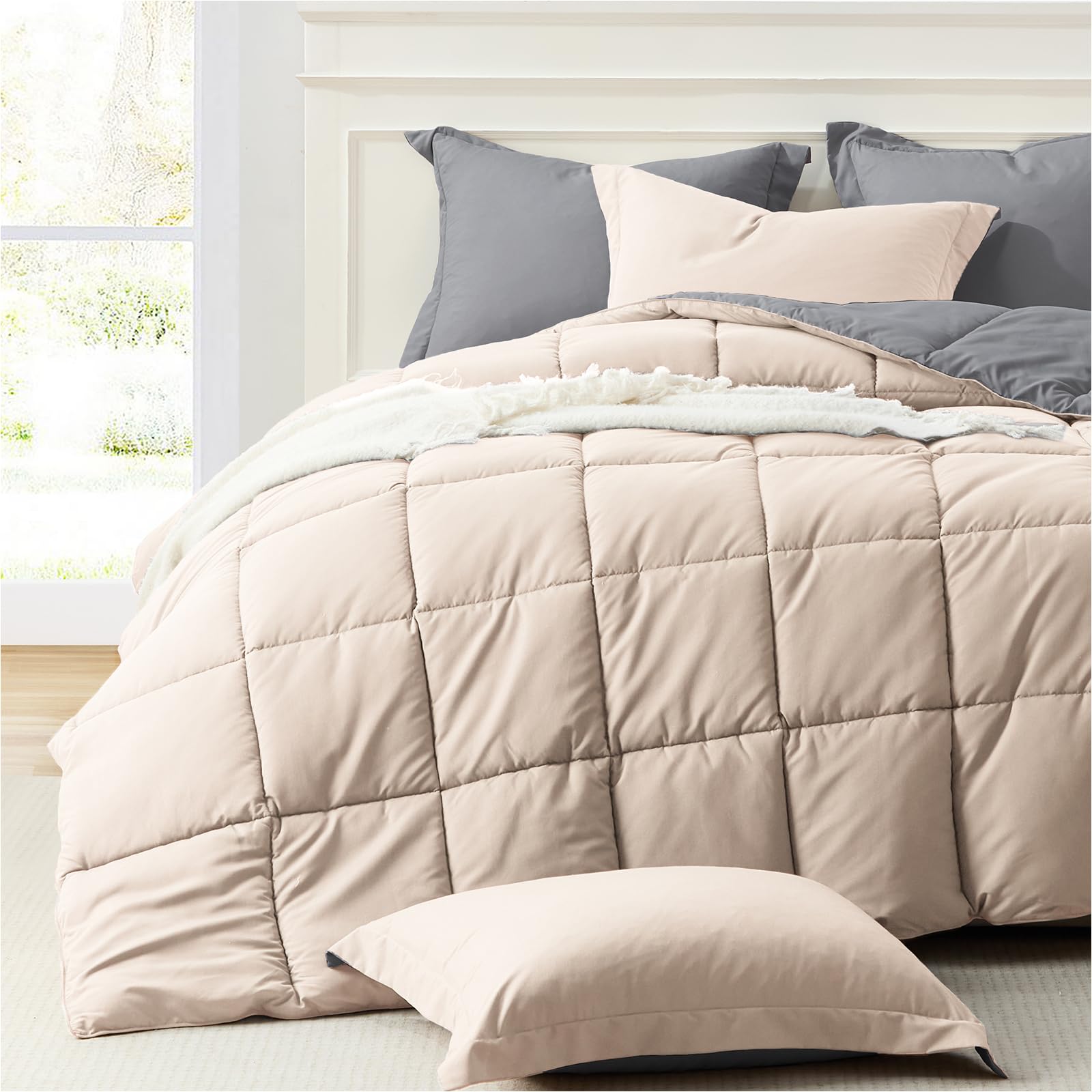 Homelike Moment Queen Comforter Set Grey, Comforters Queen Size Set, Soft Lightweight Down Alternative Bed Comforter Full Size Reversible All Season 3 Pieces Bedding Sets Grey/Light Gray