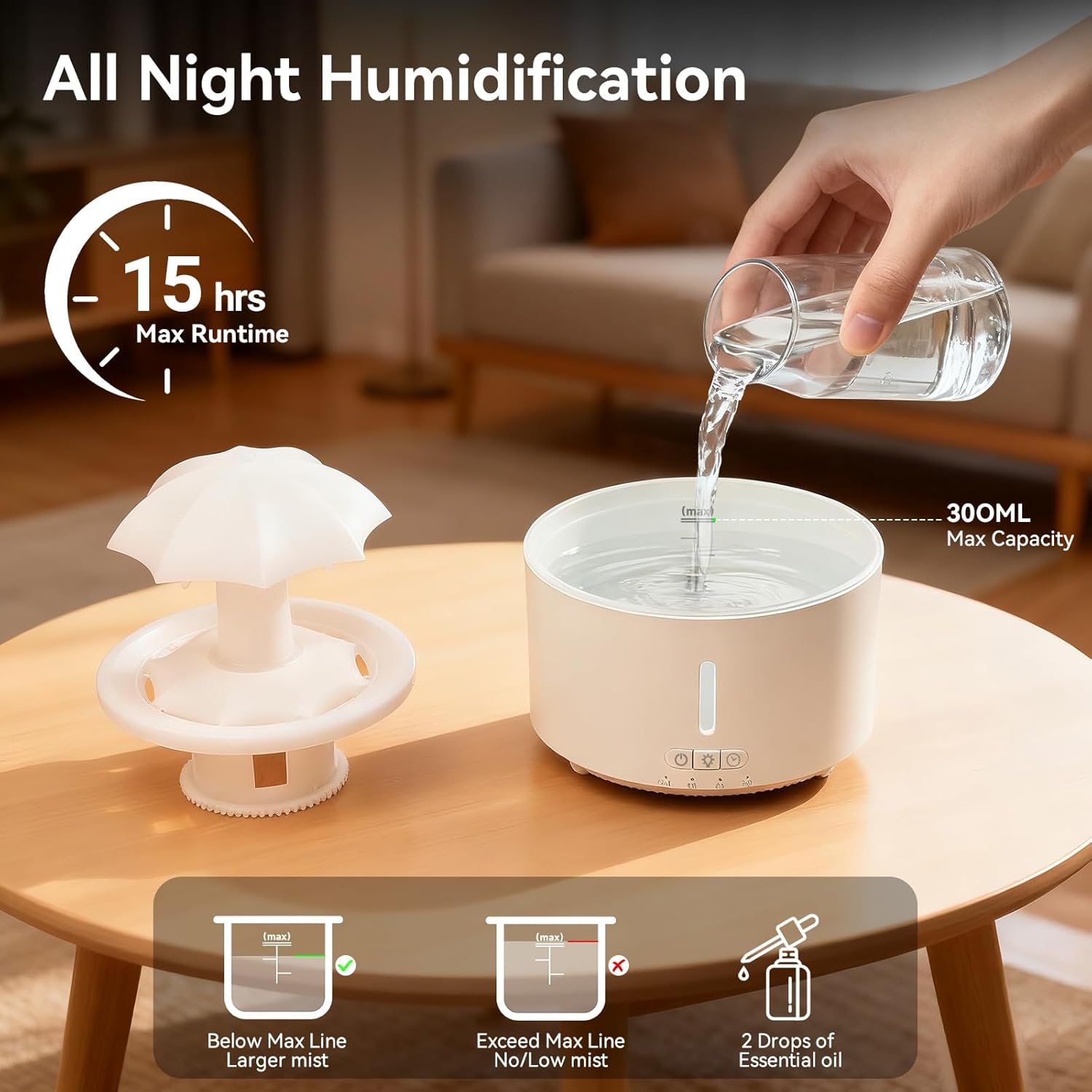 Missfly Aromatherapy Diffuser,Clouds and Cool Mist Humidifier,360° Rotatable,Super Quiet, Easy to Fill & Clean, Auto Shut-Off,300ml Humidifiers for Bedroom Home and Office (White)
