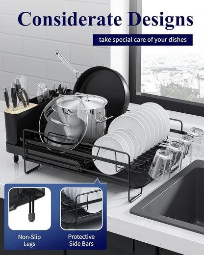 Kitsure Large Dish Drying Rack - Extendable Dish Rack, Multifunctional Dish Rack for Kitchen Counter, Anti-Rust Dish Drainers with Cutlery & Cup Holders 19.2"-26.7" L x 12.9" W, Black