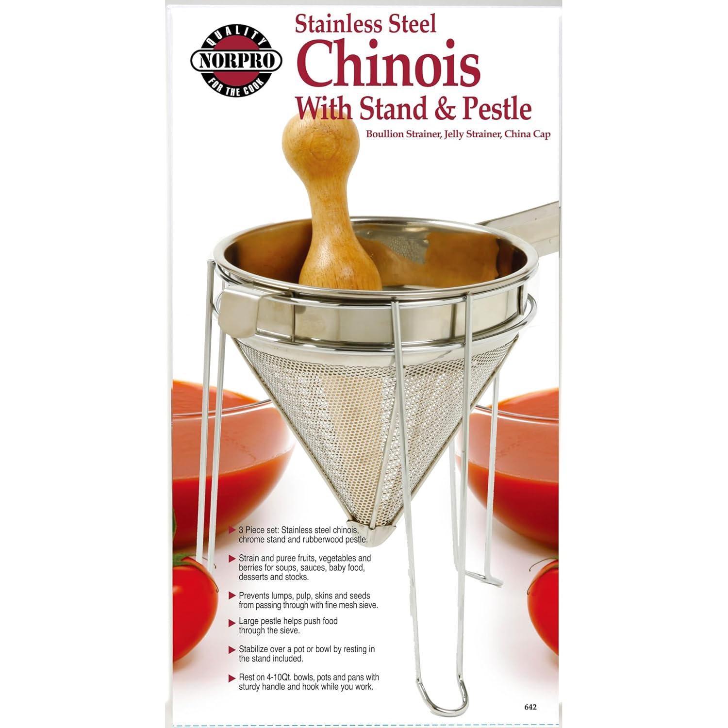 Norpro 642 Stainless Steel Chinois with Stand and Pestle Set, Bouillon Strainer, Jelly Strainer, China Cap