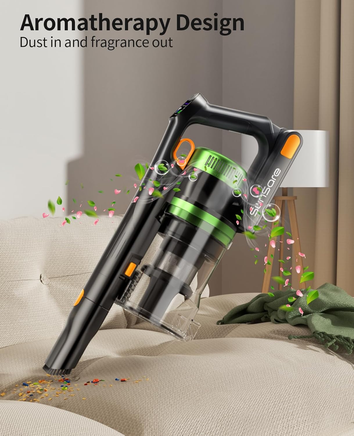 SunSare Cordless Vacuum Cleaner, 50KPa 600W 65Mins Vacuum Cleaner for Home, V-Anti-Tangle Stick Vacuum with Scented Tablet, Upgraded dust Emptying Cup, Vacuum Cordless for Pet Hair/Carpet/Floors