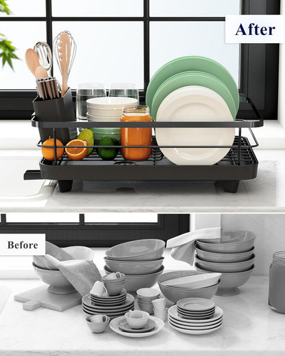 Kitsure Dish Drying Rack- Space-Saving Dish Rack, Dish Racks for Kitchen Counter, Kitchen Drying Rack with a Cutlery Holder, 12''W x 15''L, Black