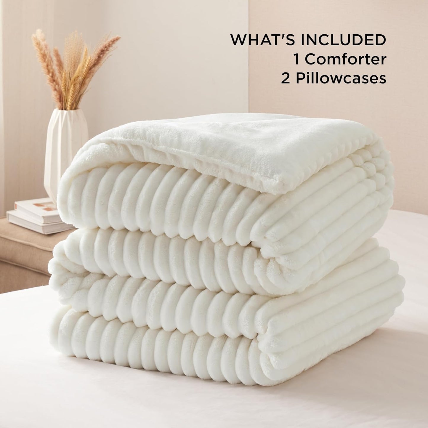Bedsure Fluffy Comforter Set Queen - Super Soft Faux Fur Bed Set Cream White, Winter Warm Plush Fleece Bedding, 3 Pieces, 1 Shaggy Fuzzy Queen Size Comforter with 2 Pillowcases