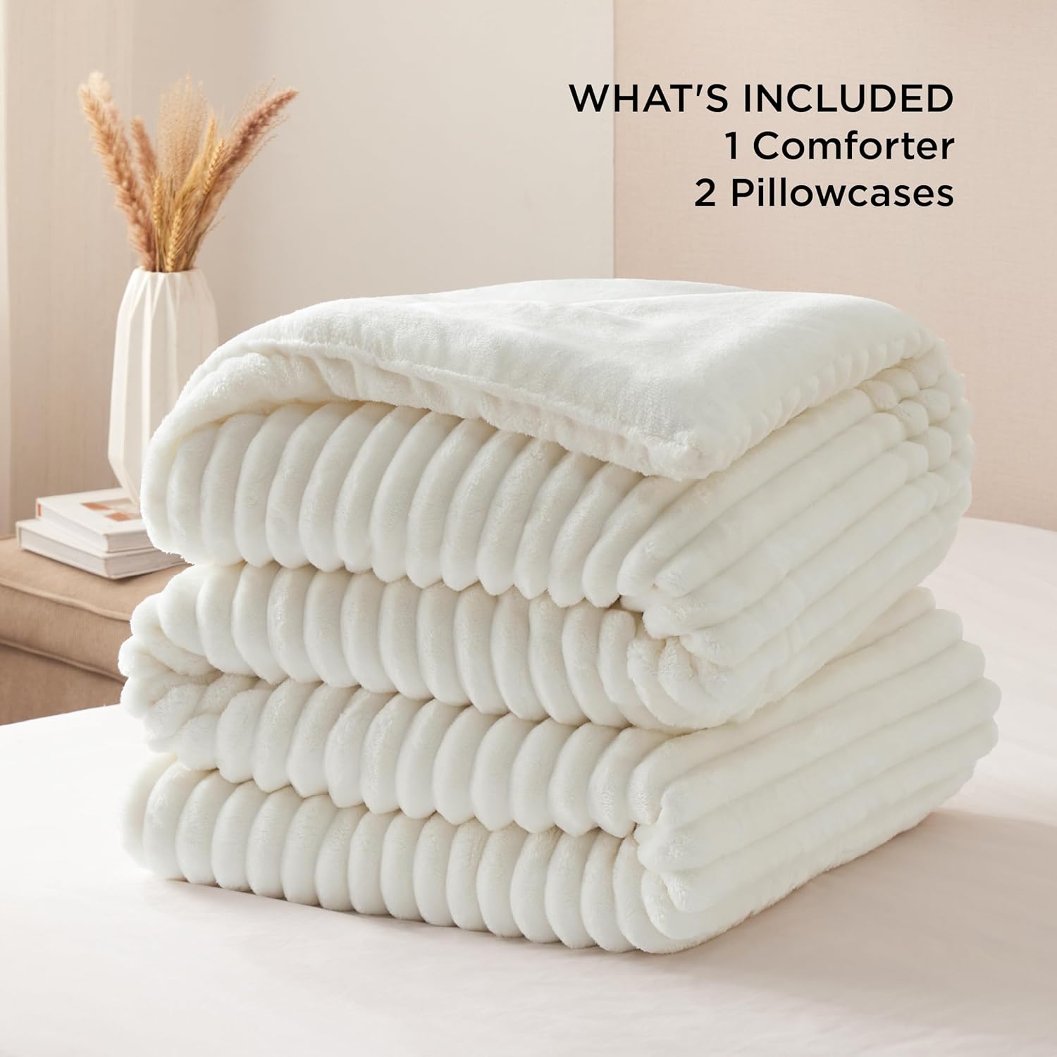 Bedsure Fluffy Comforter Set Queen - Super Soft Faux Fur Bed Set Cream White, Winter Warm Plush Fleece Bedding, 3 Pieces, 1 Shaggy Fuzzy Queen Size Comforter with 2 Pillowcases