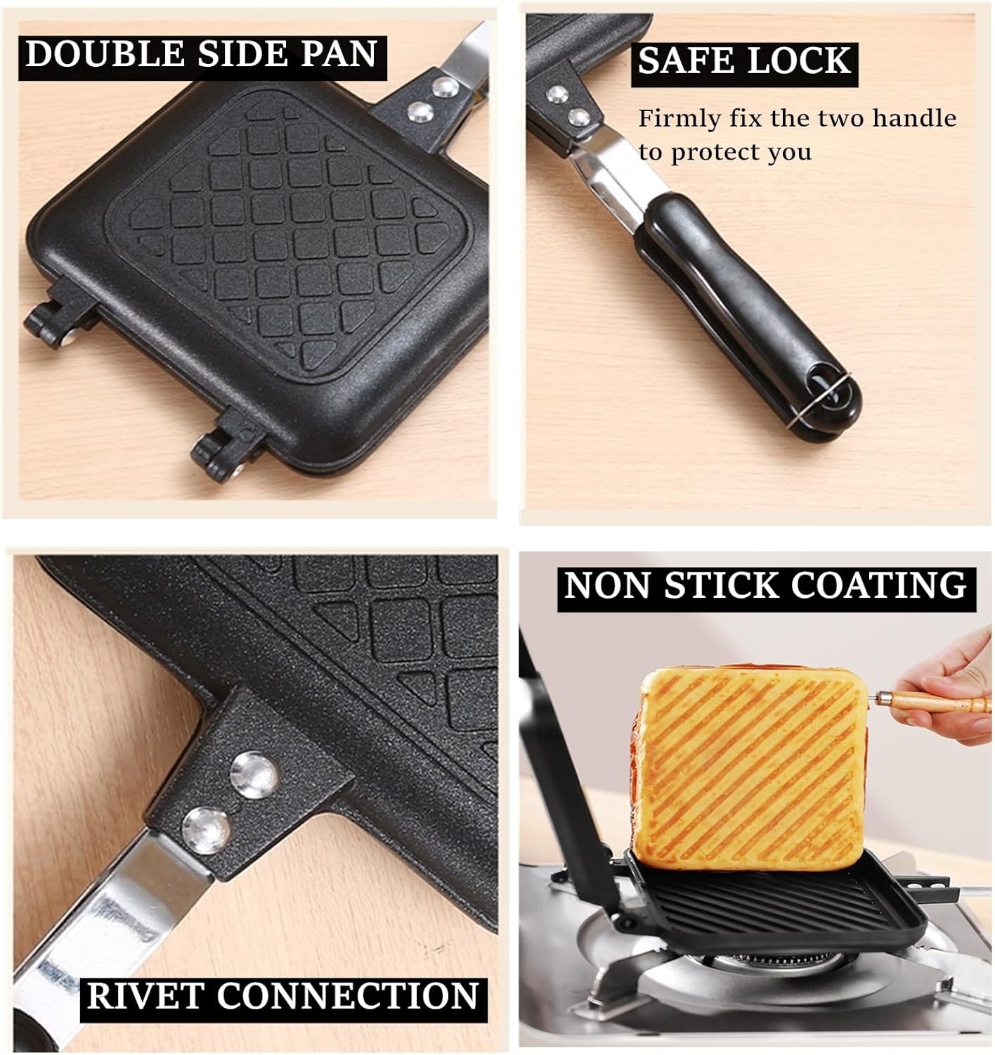 Sandwich Maker, Grilled Panini Maker Pan with Non-Stick Plates, Stovetop Toasted Sandwich Maker Press, Double Sided Aluminum Flip Cheese Maker Frying Pan for Home Kitchen Breakfast Camping